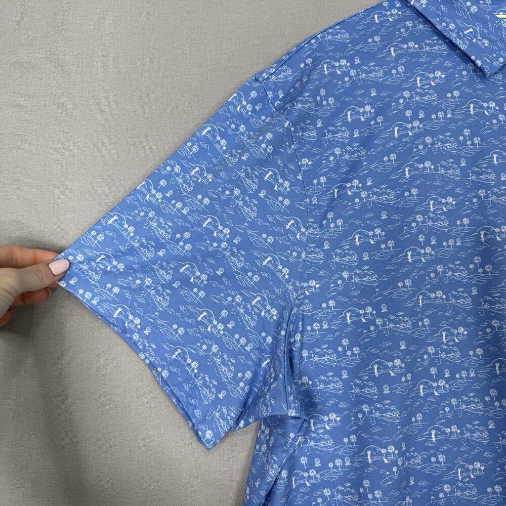J.Crew Performance Mens Polo Shirt XXL Blue Golf Course Palm Tree Dog Printed - Picture 3 of 11